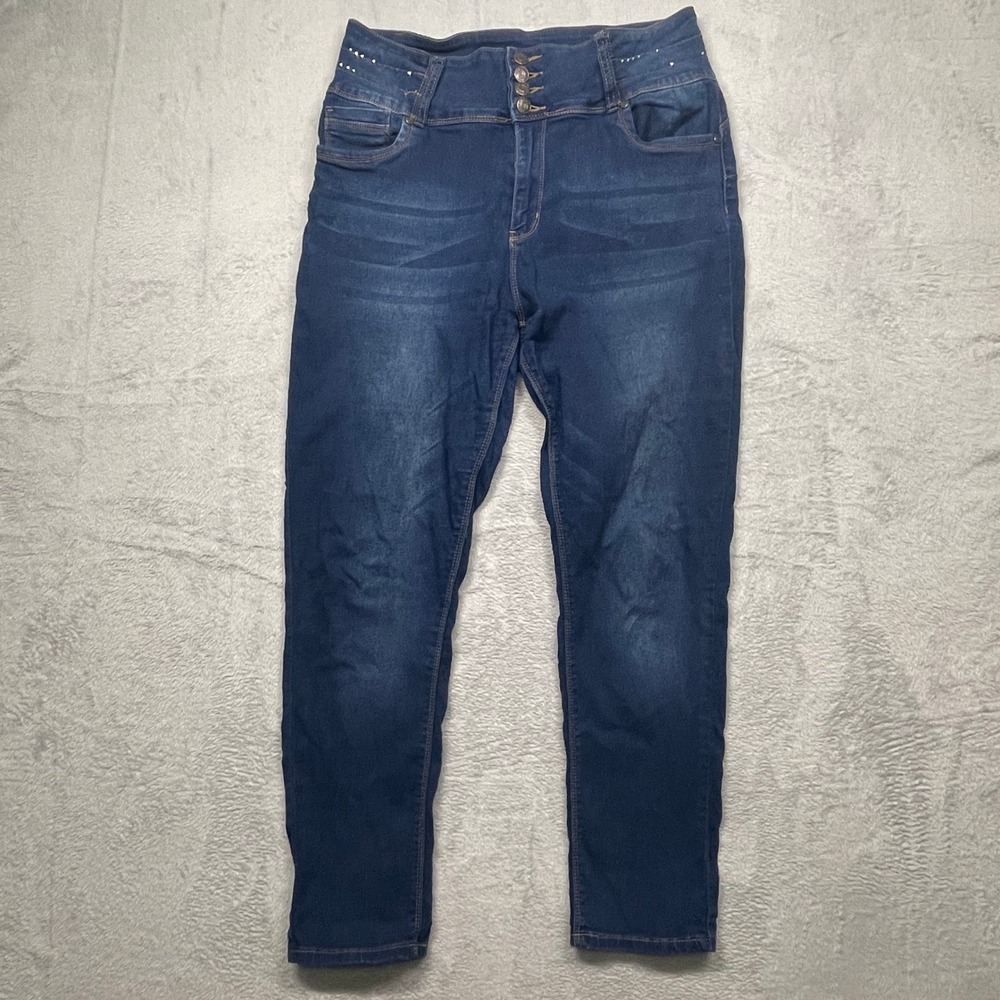 Bamboo Skinny Jeans Women 17 Dark Blue High Rise Rhinestone Multi Button Fly
